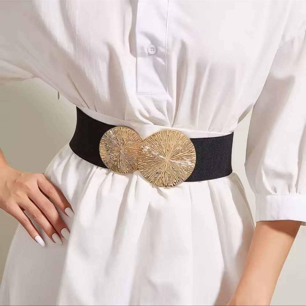 NEW Elastic Wide Corset Safe Waist Belt Gold Metallic Snap Buckle Black Cinched